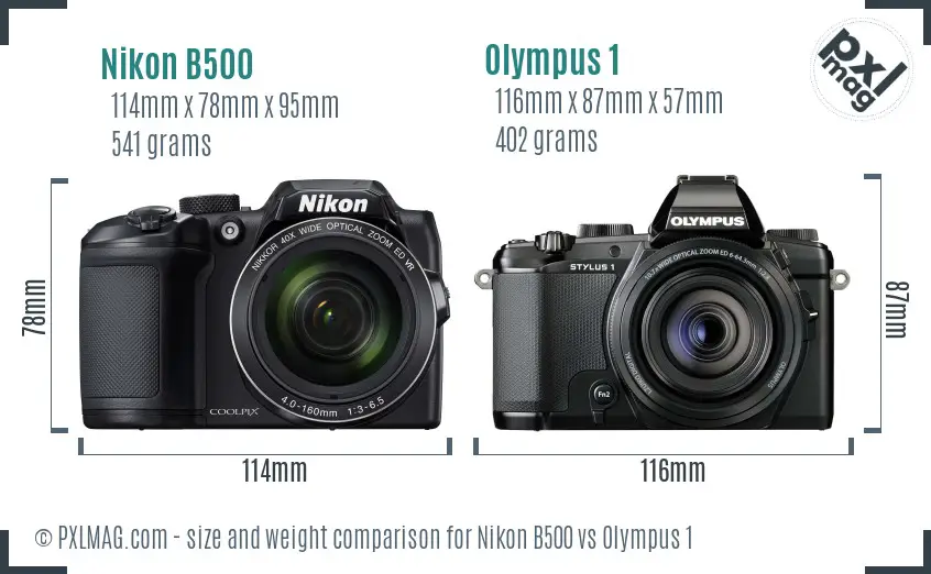 Nikon B500 vs Olympus 1 size comparison