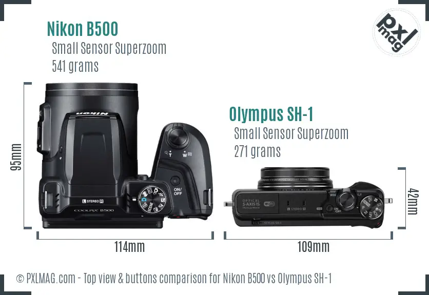 Nikon B500 vs Olympus SH-1 top view buttons comparison