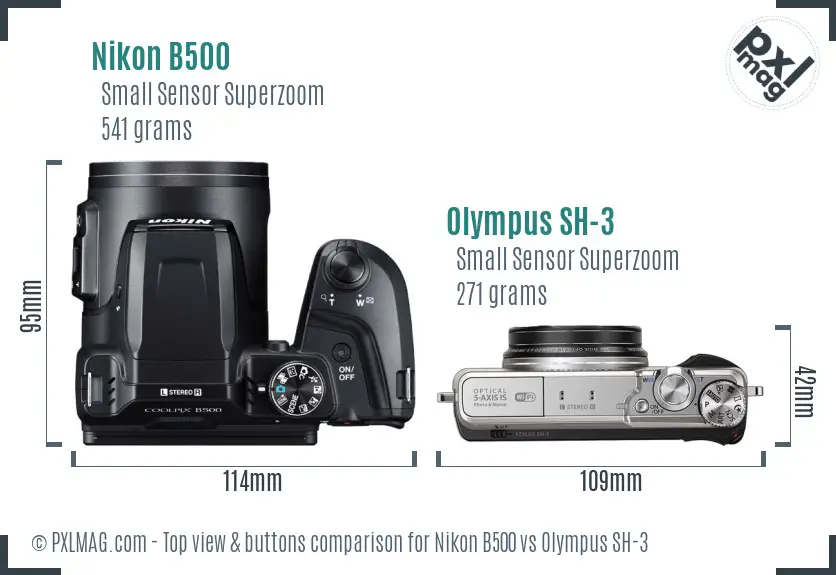 Nikon B500 vs Olympus SH-3 top view buttons comparison