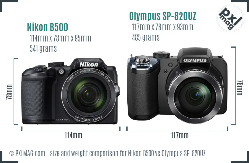 Nikon B500 vs Olympus SP-820UZ size comparison