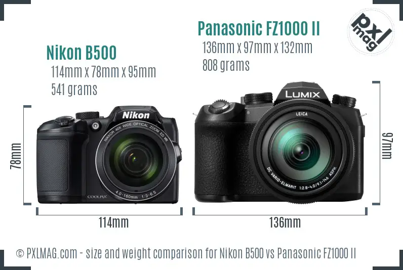 Nikon B500 vs Panasonic FZ1000 II size comparison