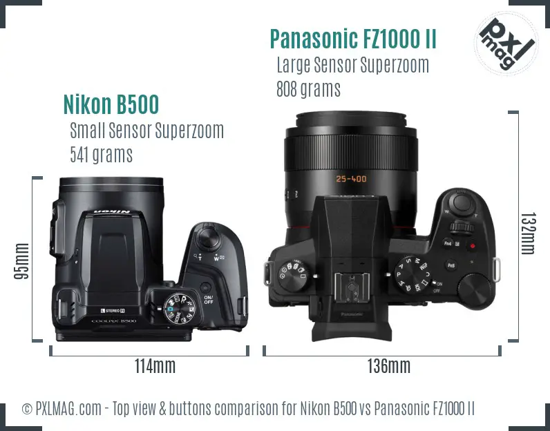 Nikon B500 vs Panasonic FZ1000 II top view buttons comparison