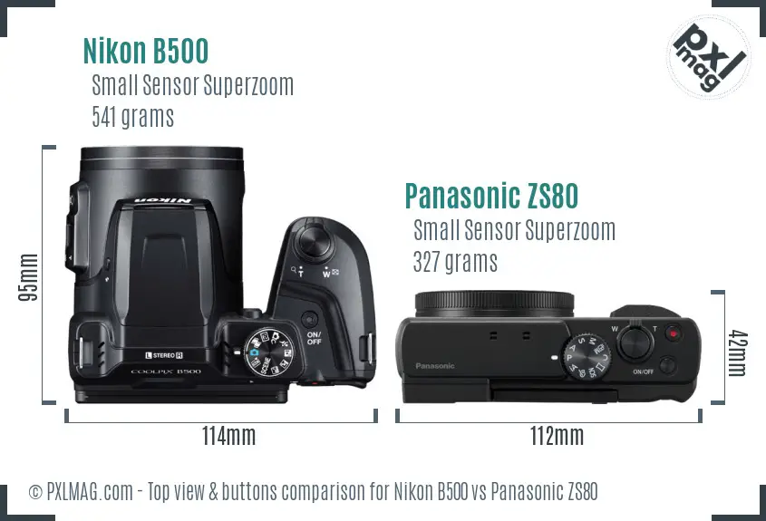 Nikon B500 vs Panasonic ZS80 top view buttons comparison