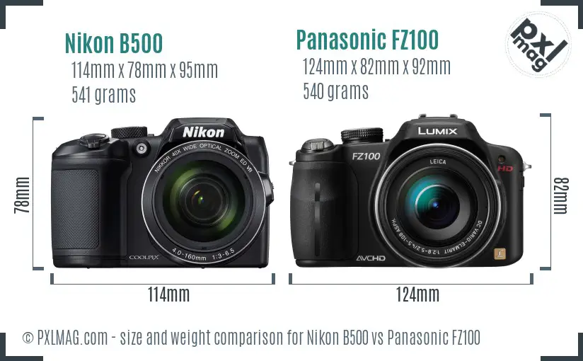 Nikon B500 vs Panasonic FZ100 size comparison