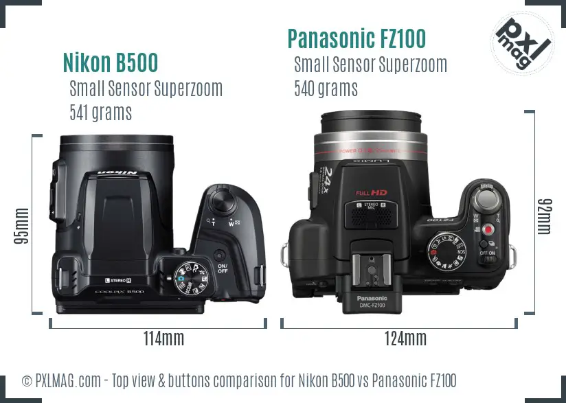 Nikon B500 vs Panasonic FZ100 top view buttons comparison