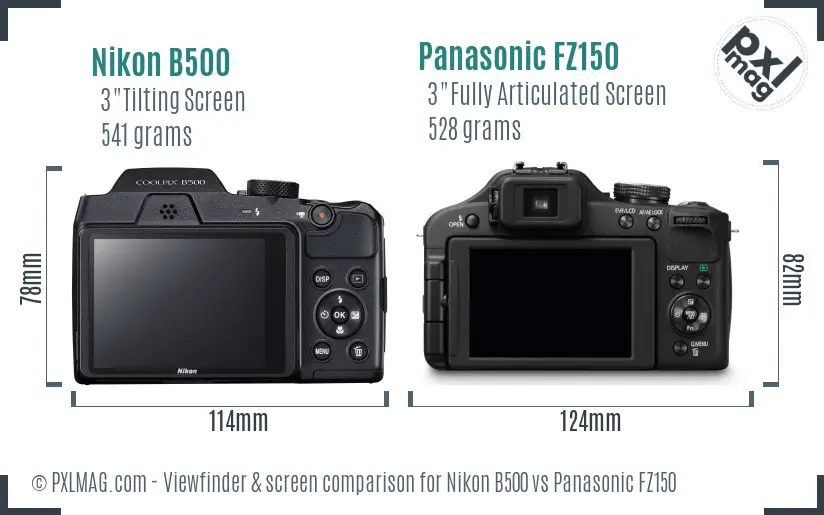 Nikon B500 vs Panasonic FZ150 Screen and Viewfinder comparison