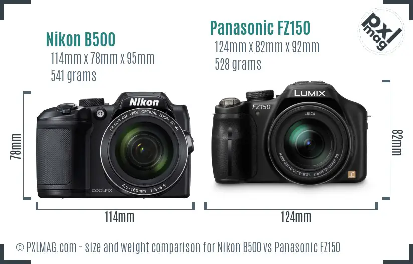 Nikon B500 vs Panasonic FZ150 size comparison