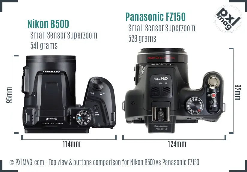 Nikon B500 vs Panasonic FZ150 top view buttons comparison