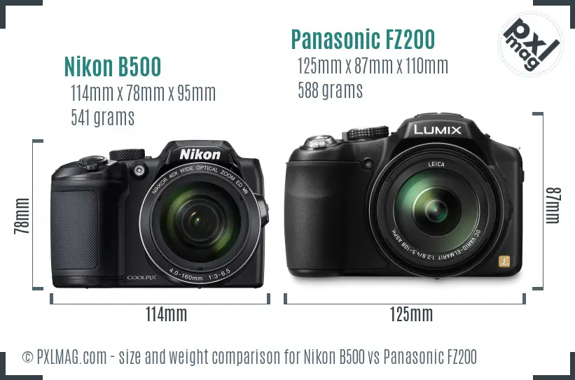 Nikon B500 vs Panasonic FZ200 size comparison