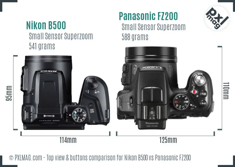 Nikon B500 vs Panasonic FZ200 top view buttons comparison