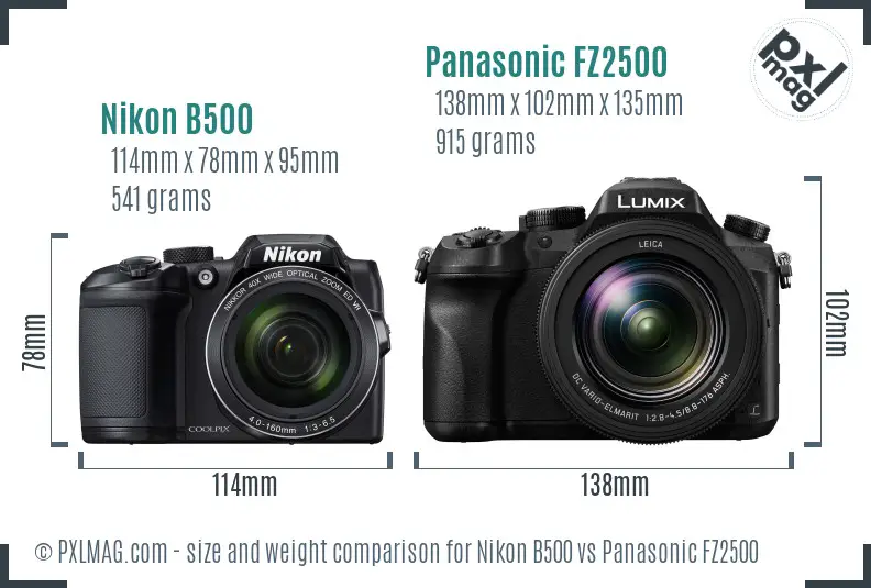 Nikon B500 vs Panasonic FZ2500 size comparison