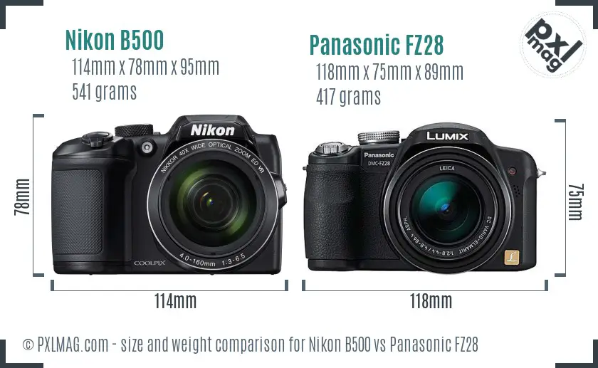 Nikon B500 vs Panasonic FZ28 size comparison