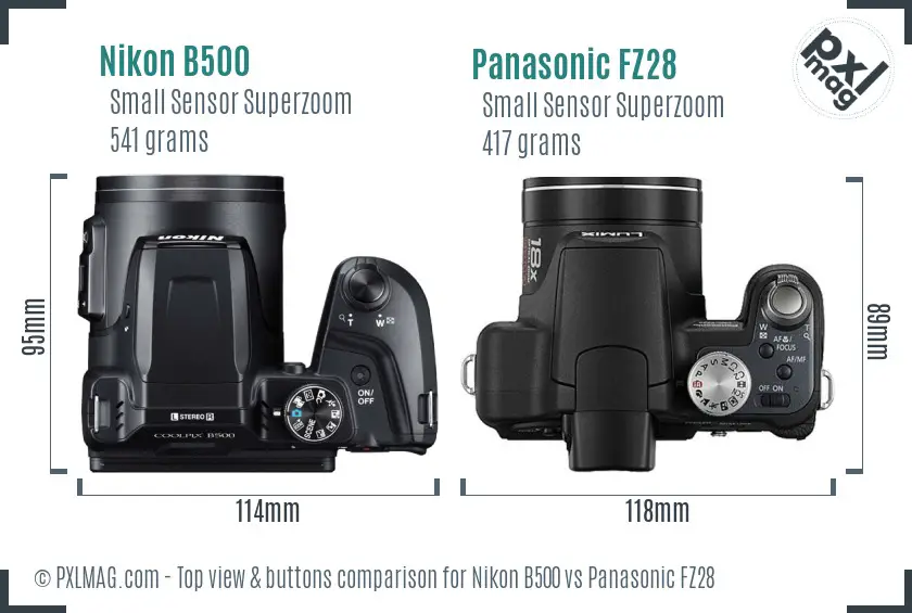 Nikon B500 vs Panasonic FZ28 top view buttons comparison