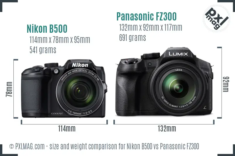 Nikon B500 vs Panasonic FZ300 size comparison