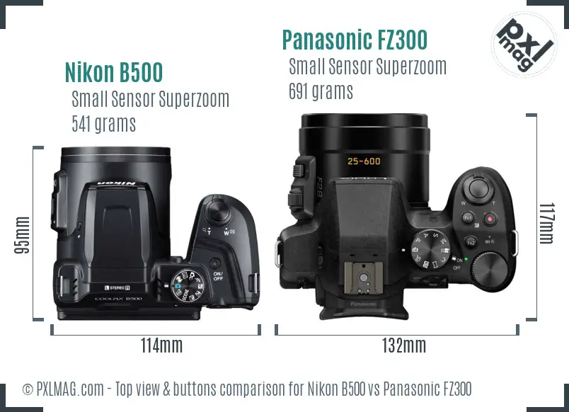 Nikon B500 vs Panasonic FZ300 top view buttons comparison