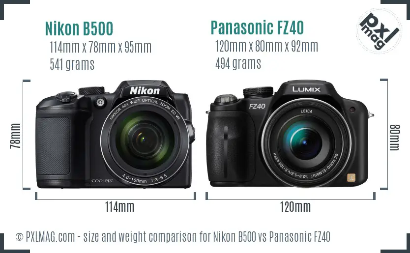 Nikon B500 vs Panasonic FZ40 size comparison