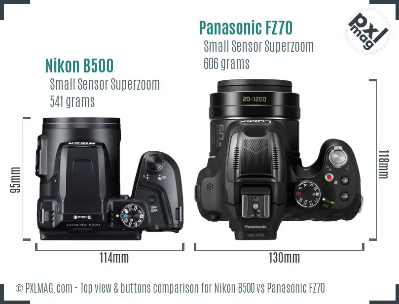 Nikon B500 vs Panasonic FZ70 top view buttons comparison