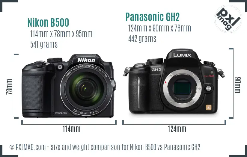 Nikon B500 vs Panasonic GH2 size comparison