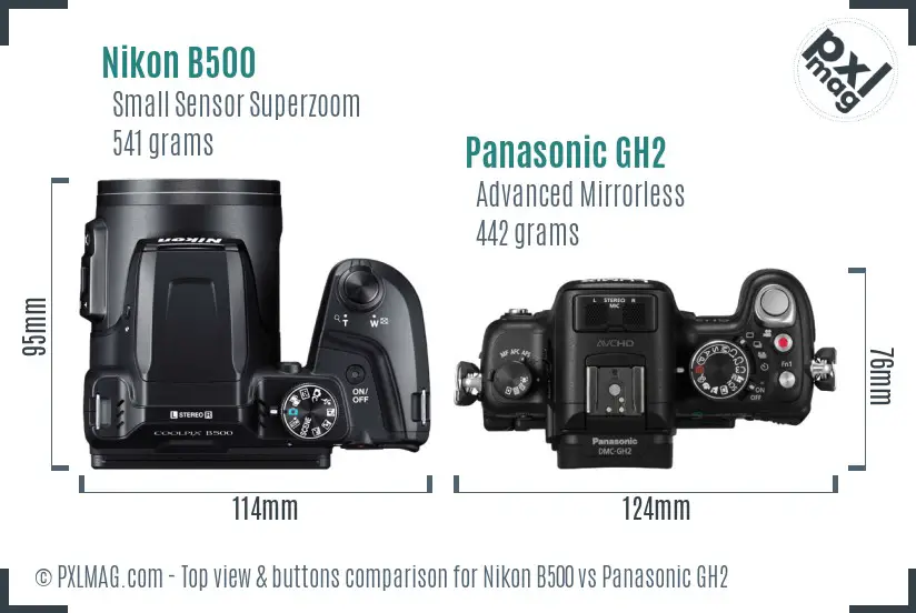 Nikon B500 vs Panasonic GH2 top view buttons comparison