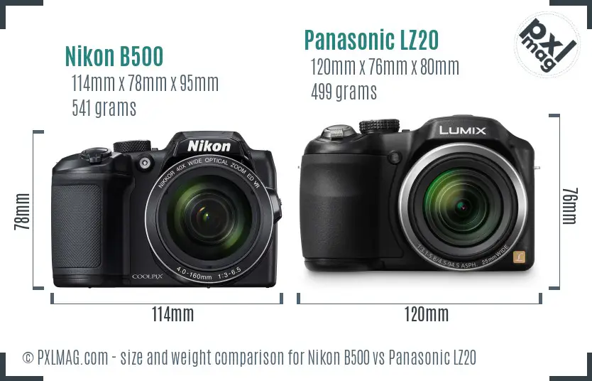 Nikon B500 vs Panasonic LZ20 size comparison
