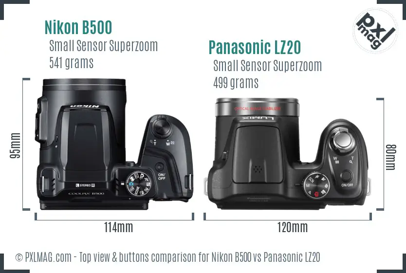 Nikon B500 vs Panasonic LZ20 top view buttons comparison
