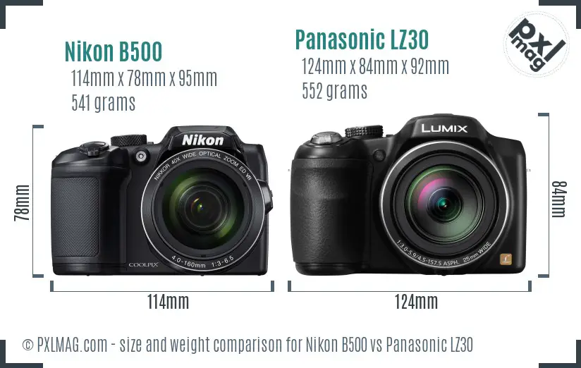 Nikon B500 vs Panasonic LZ30 size comparison