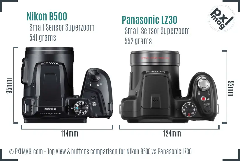 Nikon B500 vs Panasonic LZ30 top view buttons comparison
