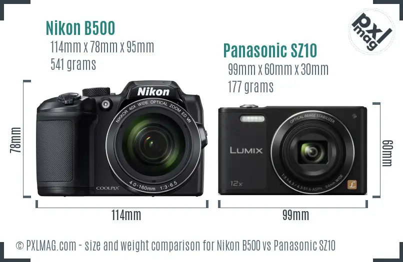 Nikon B500 vs Panasonic SZ10 size comparison