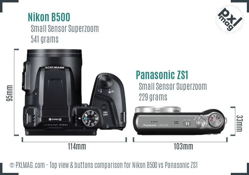 Nikon B500 vs Panasonic ZS1 top view buttons comparison