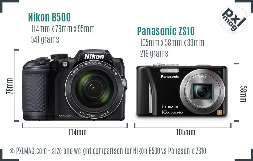 Nikon B500 vs Panasonic ZS10 size comparison