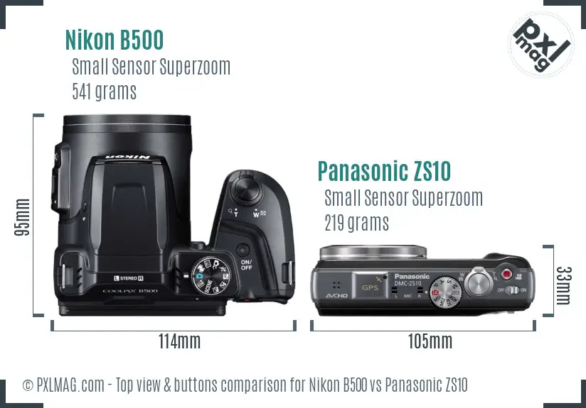 Nikon B500 vs Panasonic ZS10 top view buttons comparison