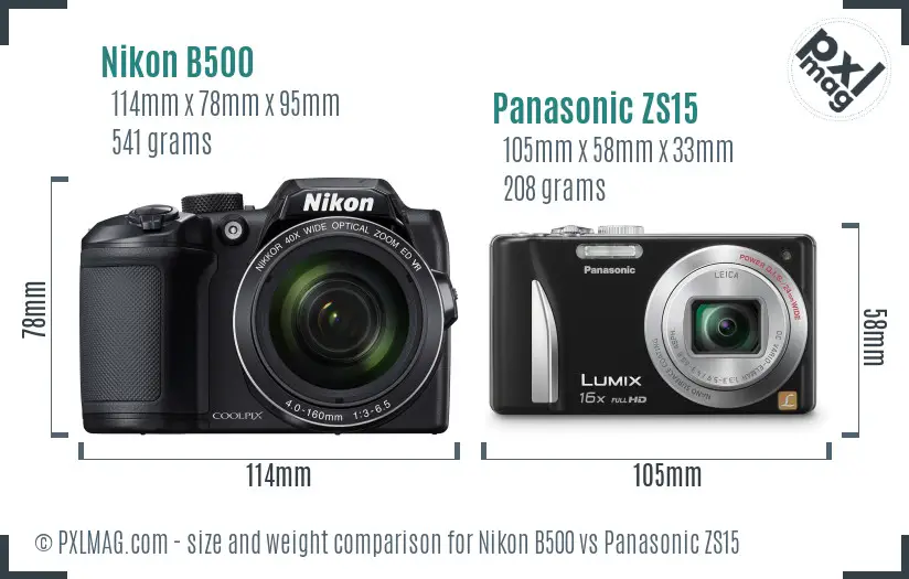 Nikon B500 vs Panasonic ZS15 size comparison