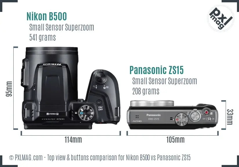 Nikon B500 vs Panasonic ZS15 top view buttons comparison