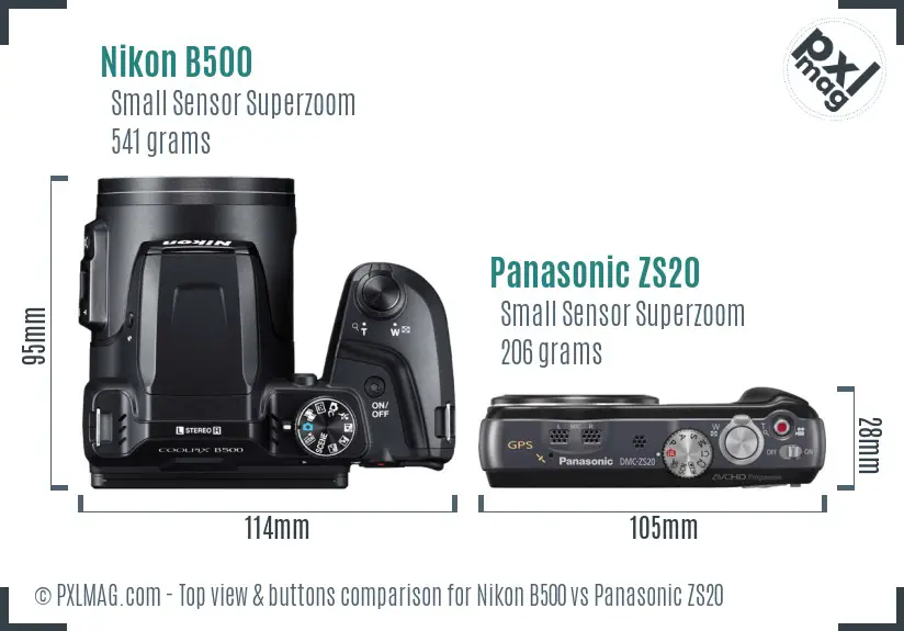 Nikon B500 vs Panasonic ZS20 top view buttons comparison