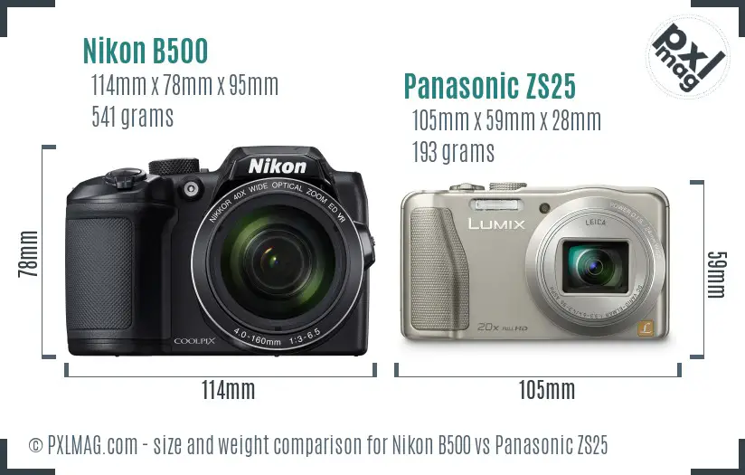 Nikon B500 vs Panasonic ZS25 size comparison