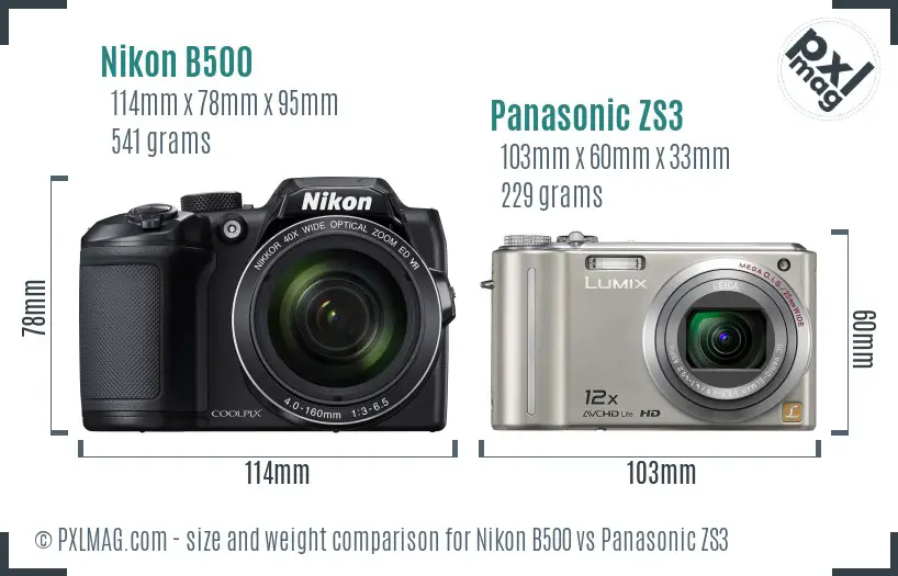 Nikon B500 vs Panasonic ZS3 size comparison