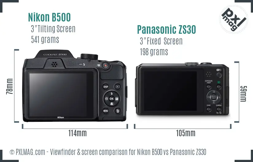 Nikon B500 vs Panasonic ZS30 Screen and Viewfinder comparison