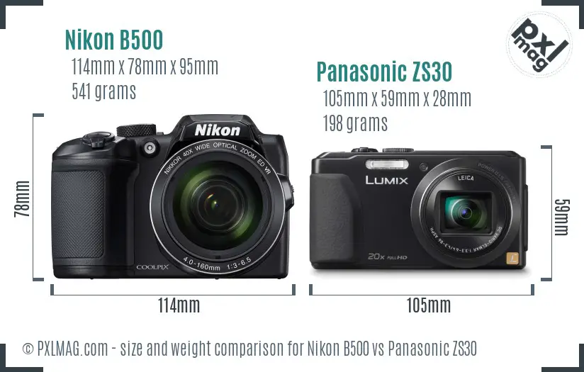Nikon B500 vs Panasonic ZS30 size comparison