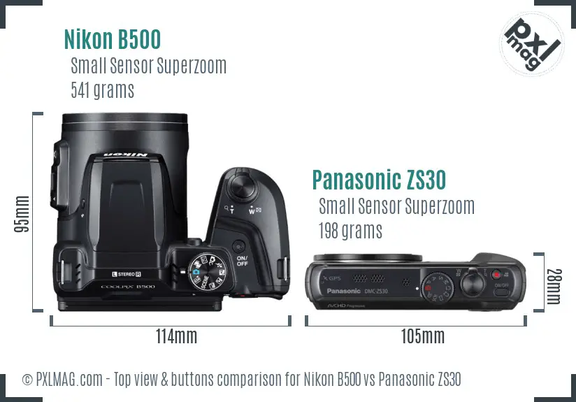 Nikon B500 vs Panasonic ZS30 top view buttons comparison
