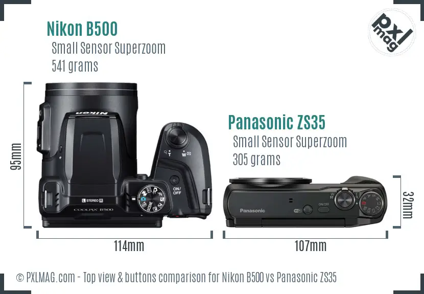 Nikon B500 vs Panasonic ZS35 top view buttons comparison
