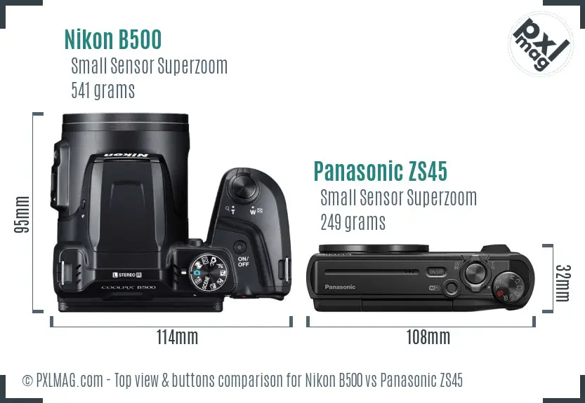 Nikon B500 vs Panasonic ZS45 top view buttons comparison