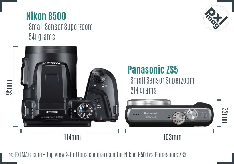 Nikon B500 vs Panasonic ZS5 top view buttons comparison