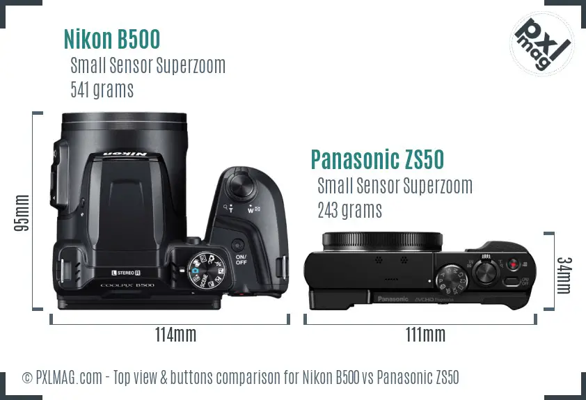 Nikon B500 vs Panasonic ZS50 top view buttons comparison