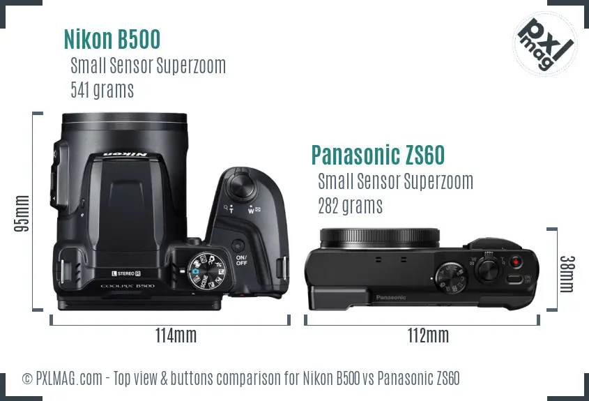 Nikon B500 vs Panasonic ZS60 top view buttons comparison