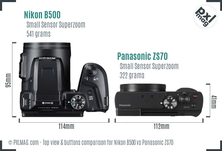 Nikon B500 vs Panasonic ZS70 top view buttons comparison