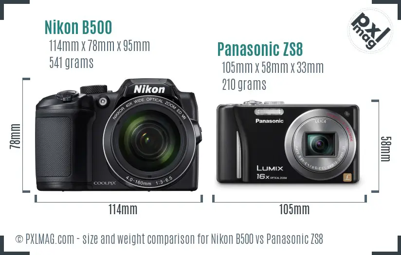Nikon B500 vs Panasonic ZS8 size comparison