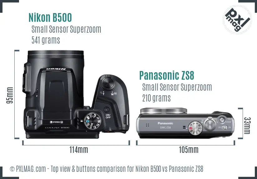 Nikon B500 vs Panasonic ZS8 top view buttons comparison