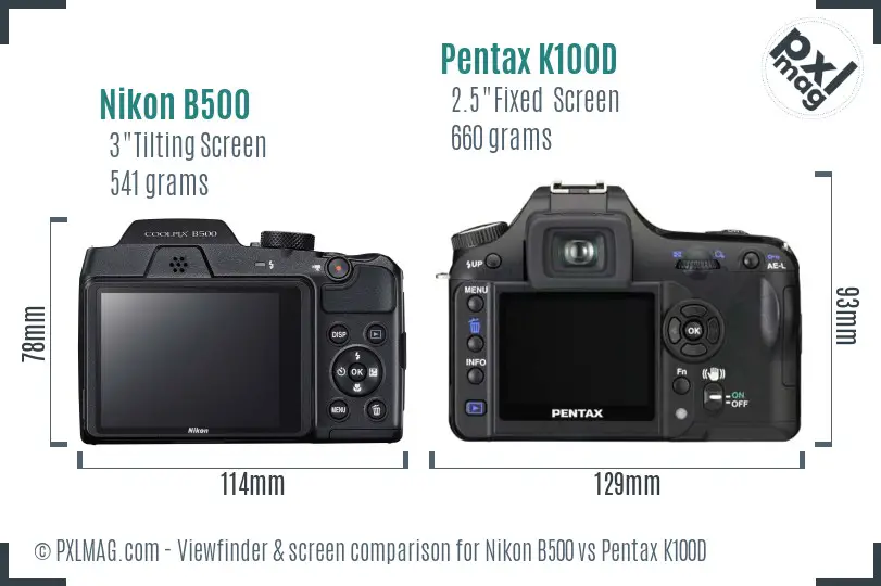 Nikon B500 vs Pentax K100D Screen and Viewfinder comparison