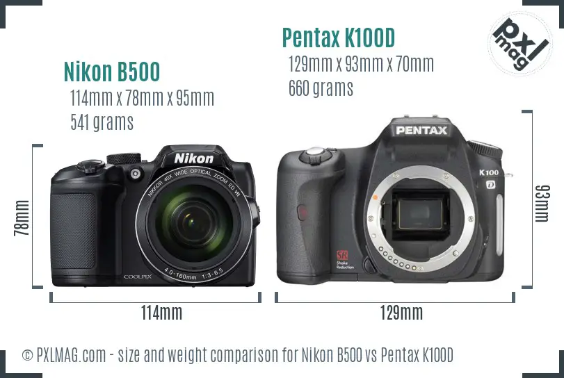 Nikon B500 vs Pentax K100D size comparison