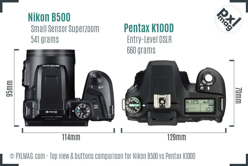 Nikon B500 vs Pentax K100D top view buttons comparison